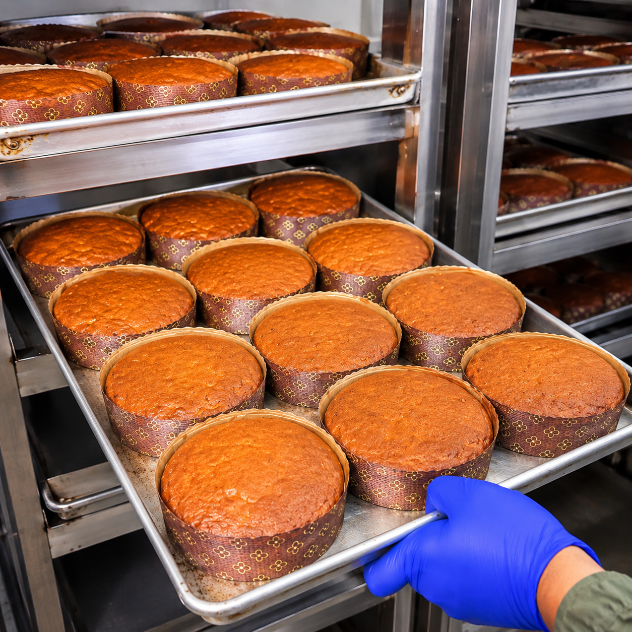 Freshly baked cakes coming out of the oven at Bismi Bakery